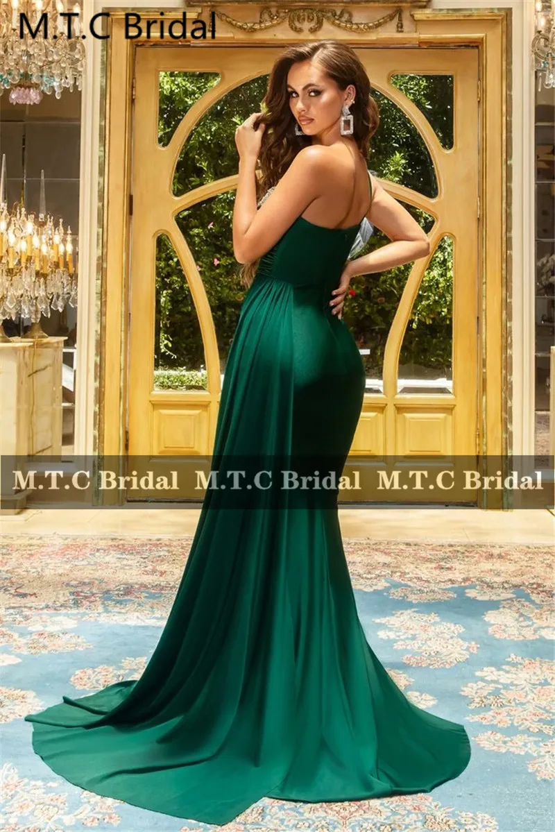 Emerald Green Mermaid Prom Jurken Lange Een Schouder Backless Zilveren Kristallen Formele Vrouwen Gown Voor Wedding Party Robe De Soiree