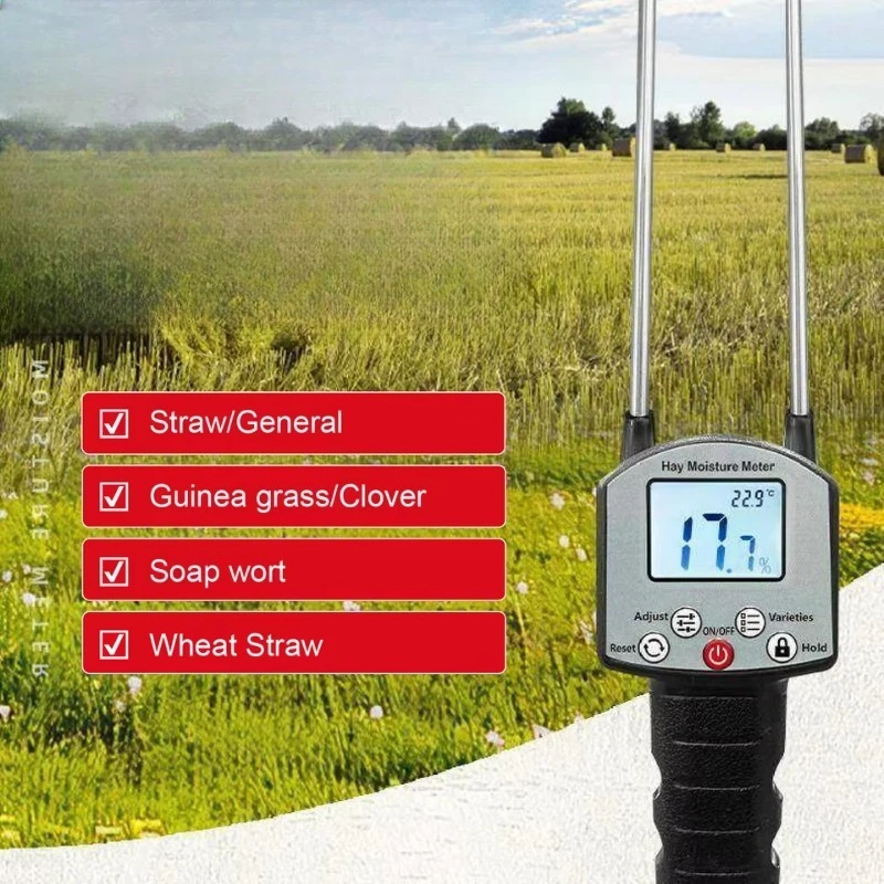Portable digital hay moisture meter, pin type, for farm use, can measure 0-80% feed moisture