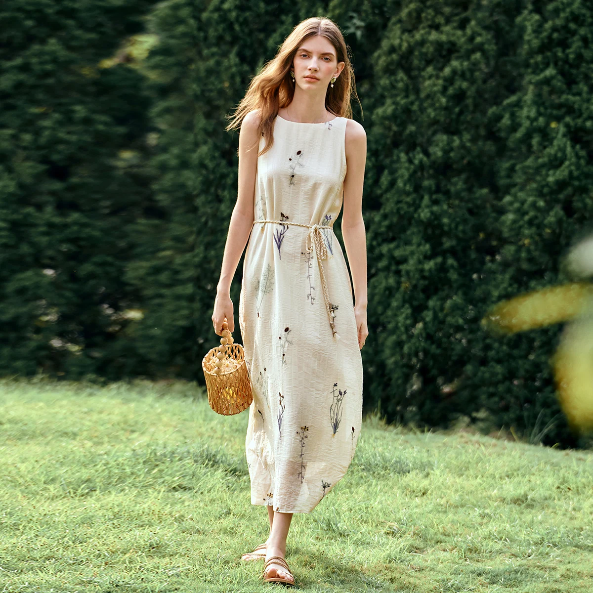 OLrain robes 2025 femme été sans manches a-ligne longue Slash cou abricot flore dames élégant vacances dames robe O57XL99810