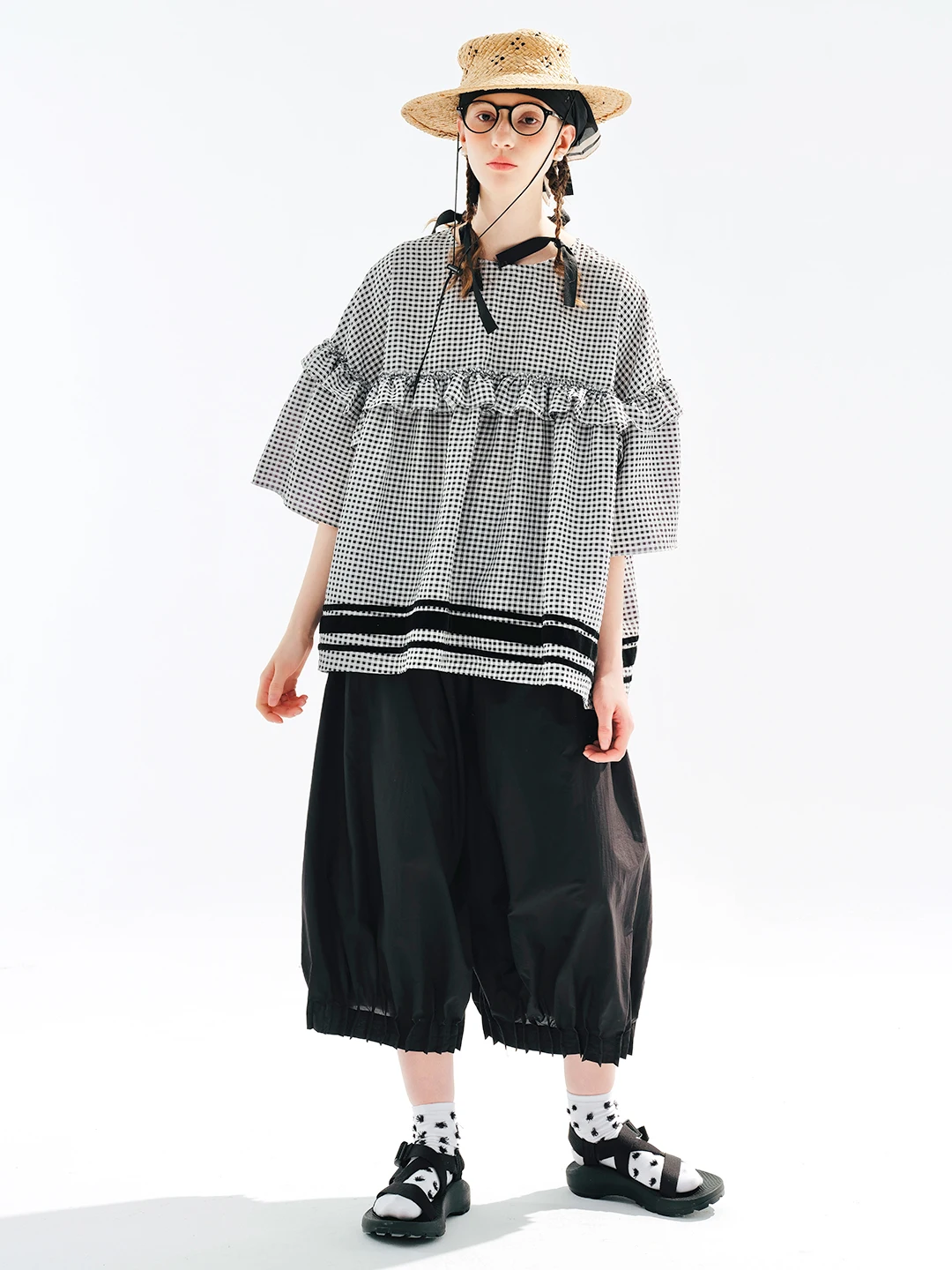 imakokoni Original summer vintage plaid patchwork shirt crewneck loose top casual women's 234110