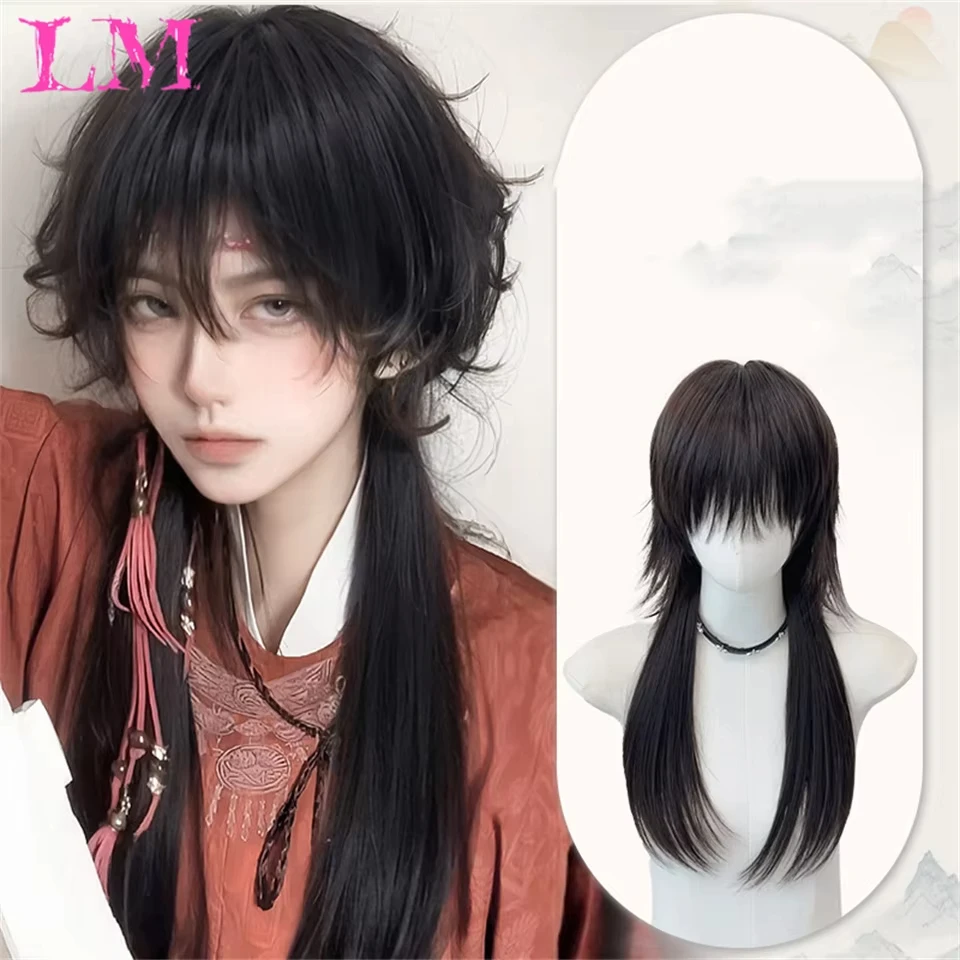 LM Synthetic Wig Natural Cosplay Hair Extensions Synthetic Handsome Wigs Breathable Head Cover Straight Wig Hat for Men Wom