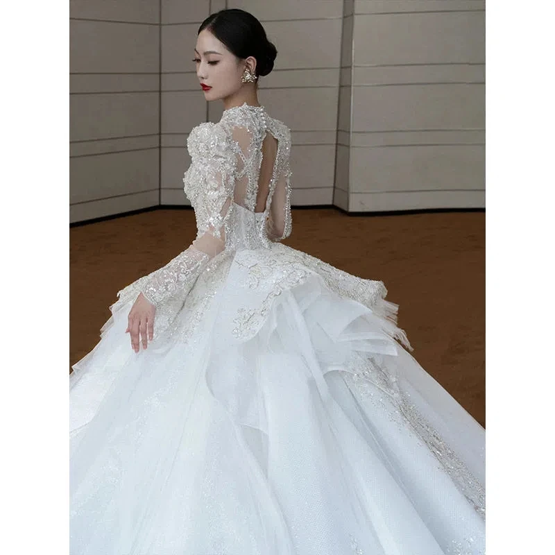 Long-sleeved wedding new spring bridal main yarn high-end luxury large trailing retro palace style high-quality texture