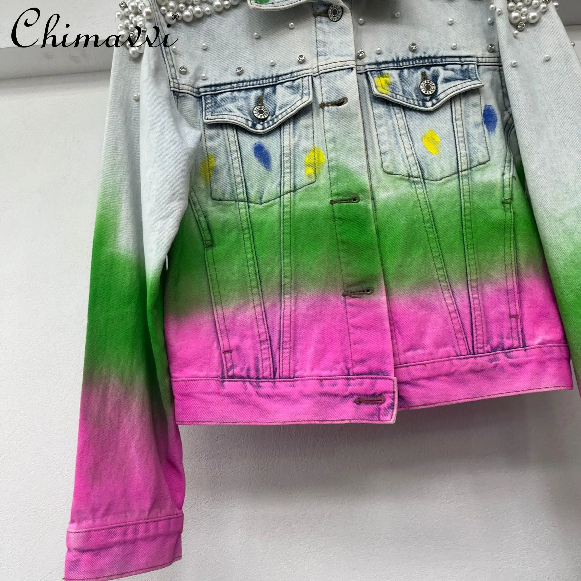 European Color Matching Printed Denim Jacket Women's 2025 Autumn New Fashion Heavy Beaded Top High Street Long-sleeved Coat