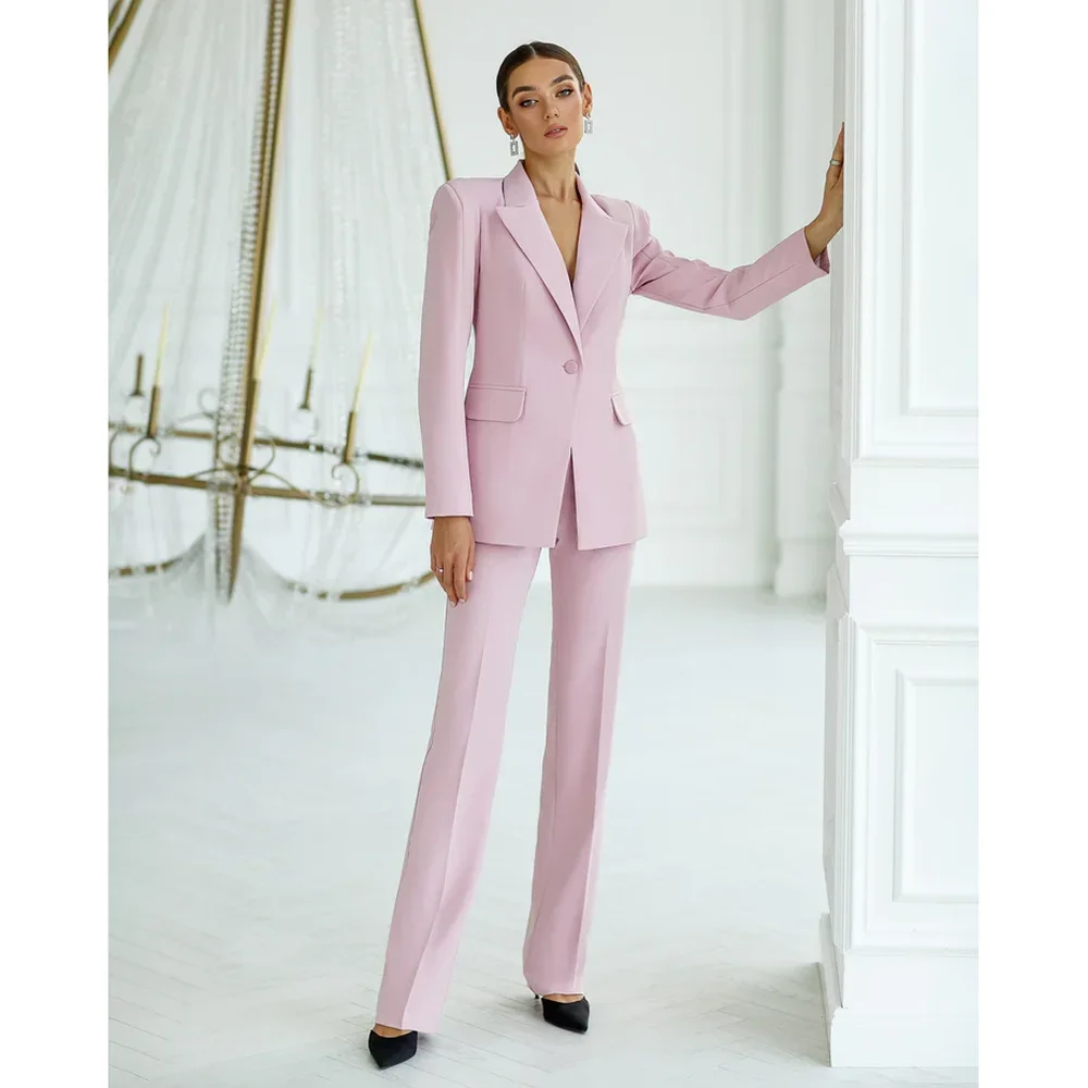 Women Suits Pink Slim Peak Lapel One Button Solid 2 Piece Fashion Prom Party Smart Casual Daily Elegant Female Pants Sets