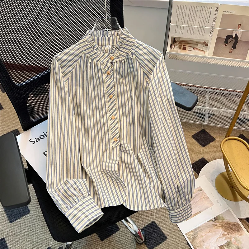 بلوزات نسائية كلاسيكية قمصان مخططة غير رسمية موضة ملابس صيفية فضفاضة كورية بأكمام طويلة قطنية للسيدات