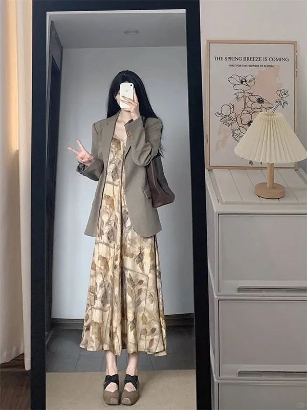 

Костюм-двойка Salt Series: винтажный повседневный комплект с цветочным принтом, женский, средней длины, из полиэстера, с длинными рукавами, пиджак и брюки