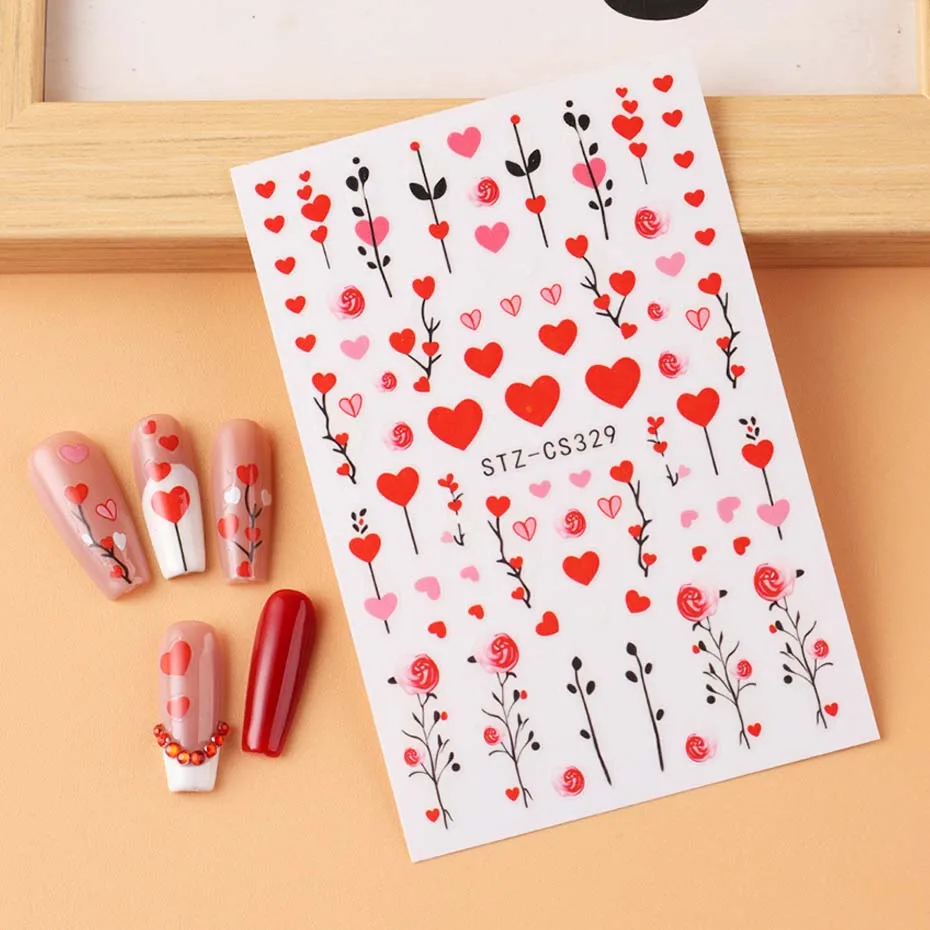 Autocollants pour Nail Art, ballon en forme de cœur d'amour, pour la saint-valentin, Design mignon, autocollants auto-adhésifs pour Nail Art, curseur, accessoires de manucure, 2 pièces