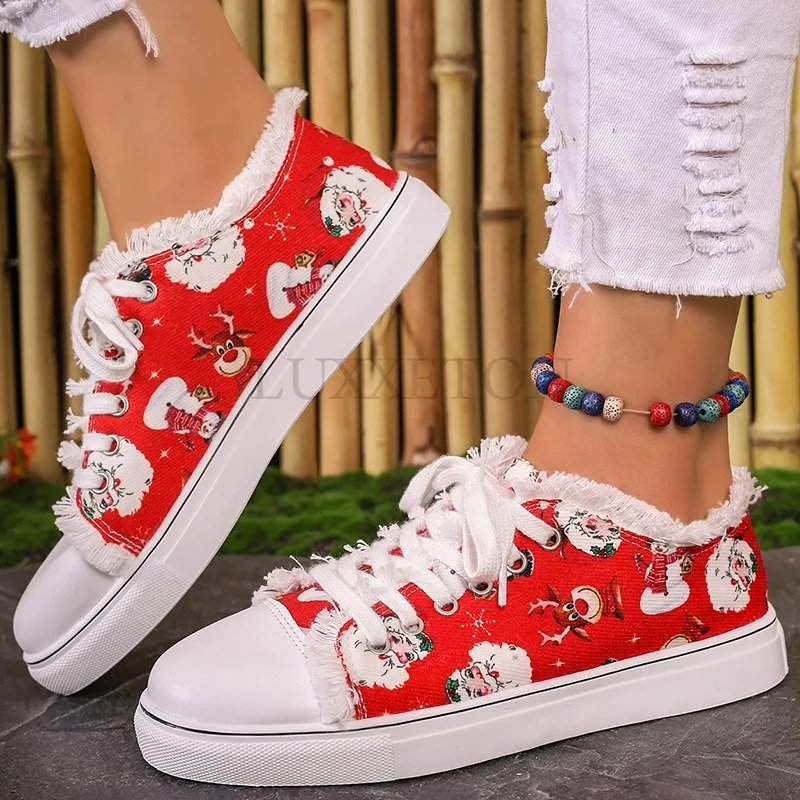 Christmas Elk Printed Canvas Shoes with Cotton for Warmth Comfort Breathability Fashion and Versatile Casual Board Shoes