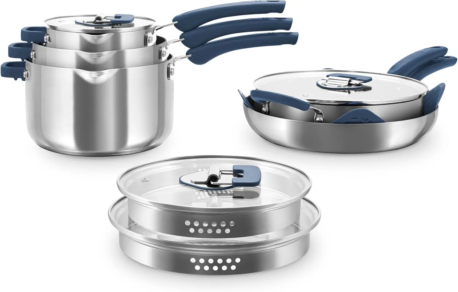 10 Piece Nonstick Stainless Steel Cookware Set with Straining Lids- Blue