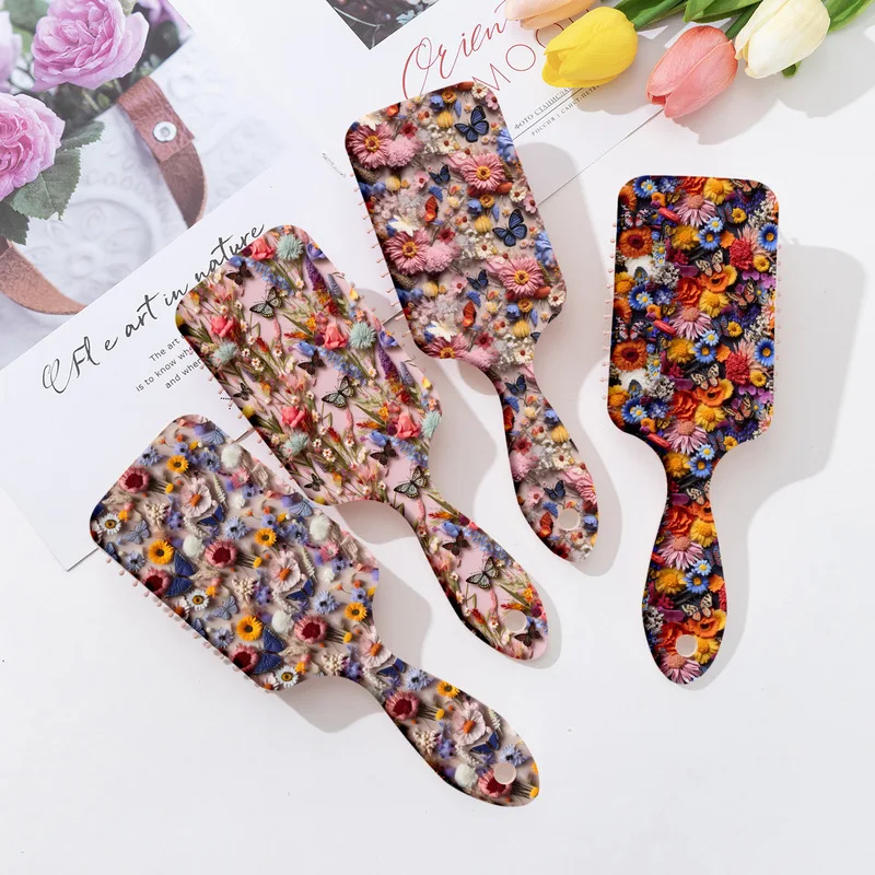 All Hair Types Exfoliating Brush, Floral Pattern Air Cushion Massage Brush ABS Plastic Handle, Special for Real Hair Wigs