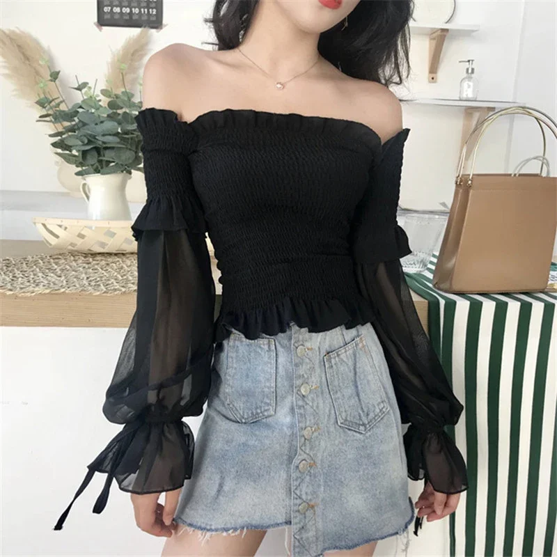 2024 Spring Fashion Women Long Sleeve Off Shoulder Cropped Tops Solid Color Pleated Bow Blouse Ladies Shirt Lace Up Corset 12813