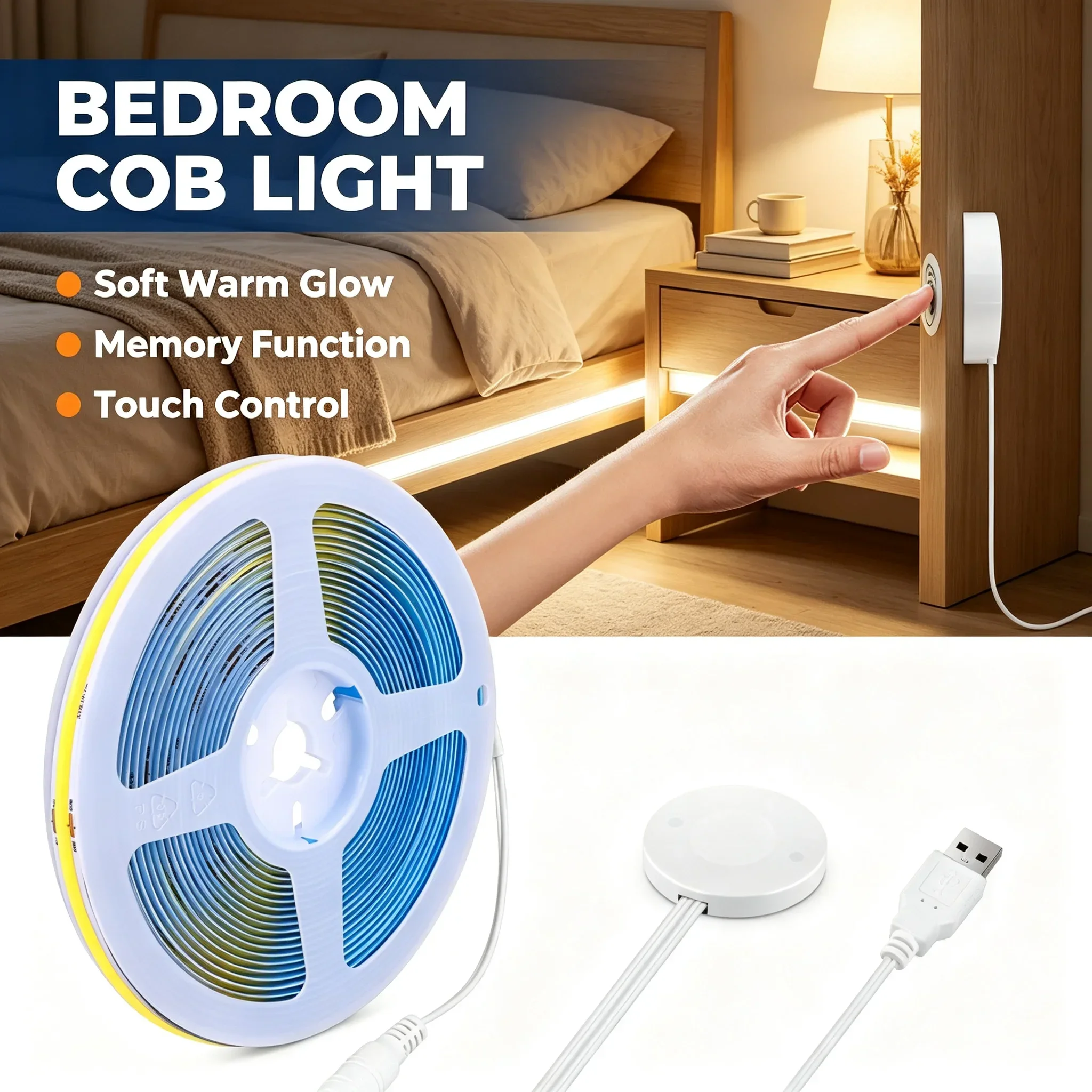 USB 5V COB LED Strip Light Kit, Through‑Partition Touch Dimmable Sensor Switch, Memory Function No Punch Hole, Cuttable Strip
