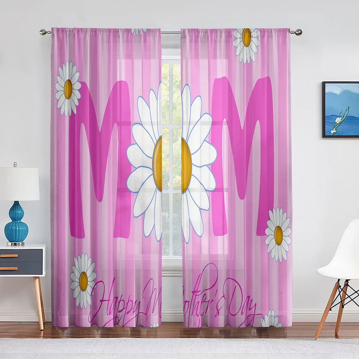 Happy Mother’s Day Floral Pink Tulle Curtains for Mom Bedroom Living Room Decor Transparent Chiffon Sheer Voile Window Curtain