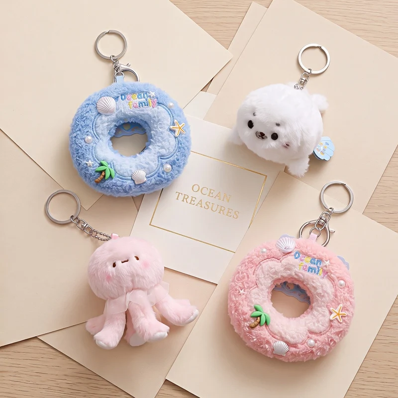 Fluffy Ocean Animal Plush Keychain Flower Frame Design Penguin Seal Otter Pendant Shell Decoration Cute Bag Hanging Daily Use