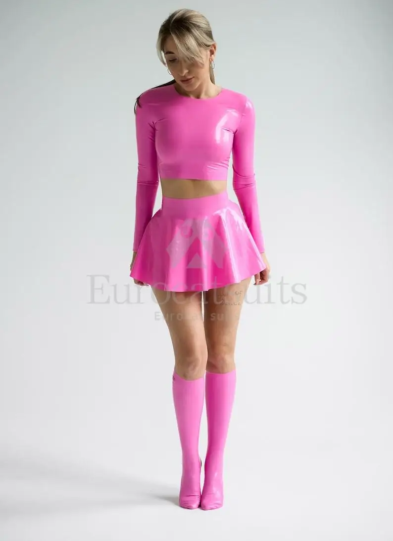 Pink Latex Set Half Skirt Longsleeve Top Bikini Socks Stockings Tights Female handmade