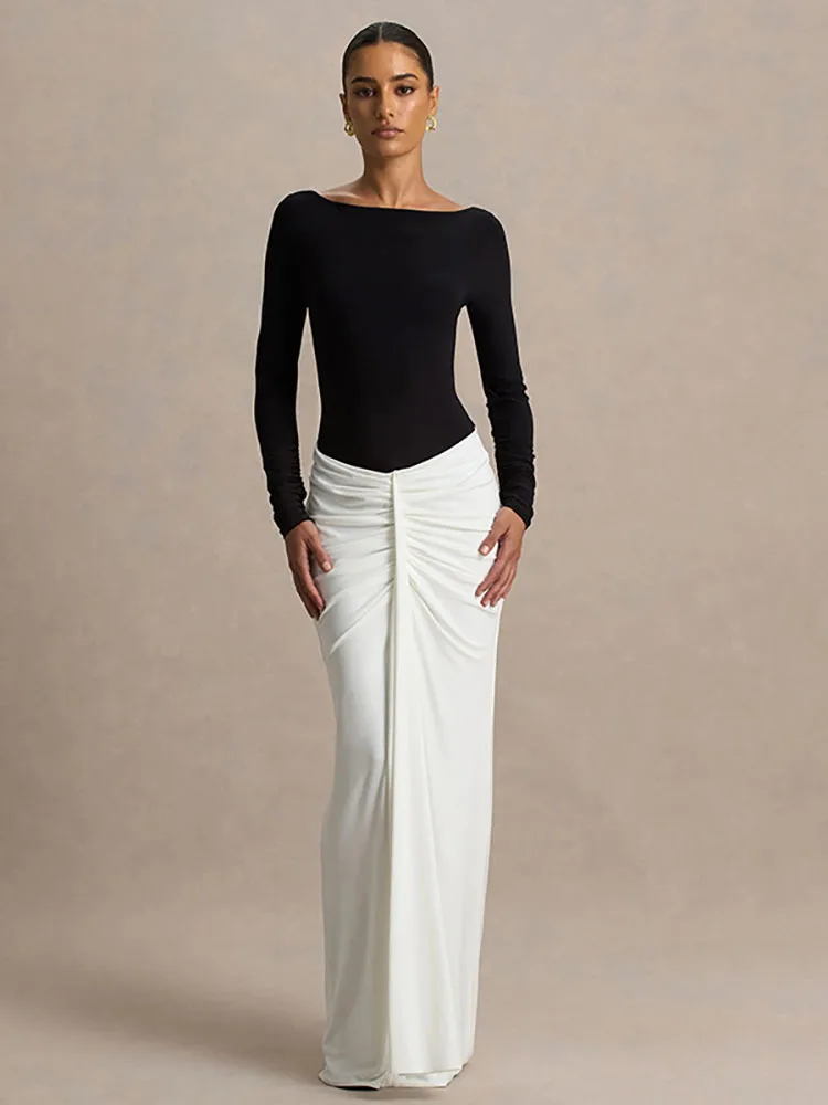 

JULISSA MO Patchwork Sexy Backless Ruched Women Maxi Dress Long Sleeve High Waist Dress Autumn Slim Elegant Party Evening Dress