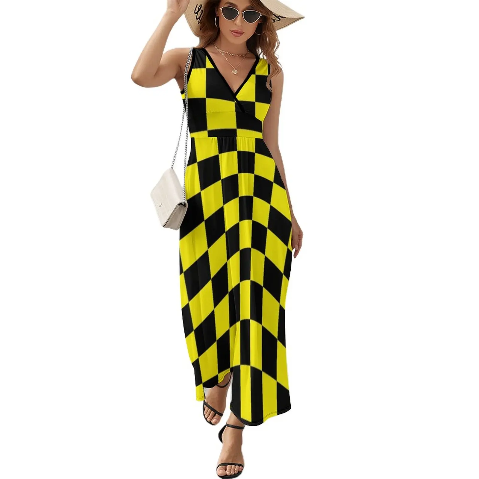 

Checkered Black and Yellow Sleeveless Dress chic and elegant evening dress womens dress summer woman 2024