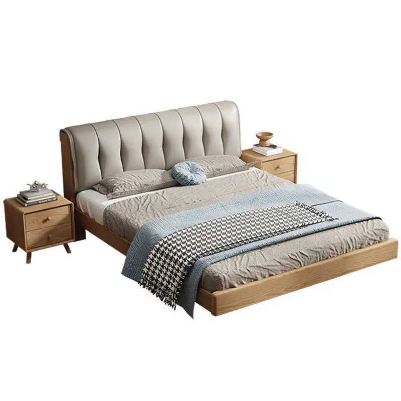 

Log wind, suspended solid wood bed, modern, simple, soft bag, backrest, large bed, household