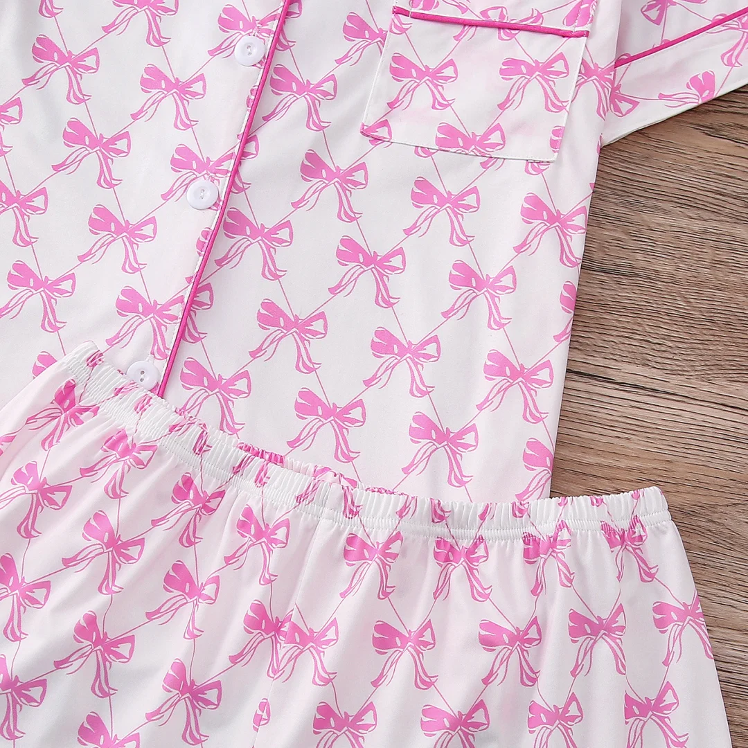 Pink Pajamas with Little Bow Print Lapel Short Sleeves and Shorts Home Wear Set Loungewear Clothes Gifts for Women