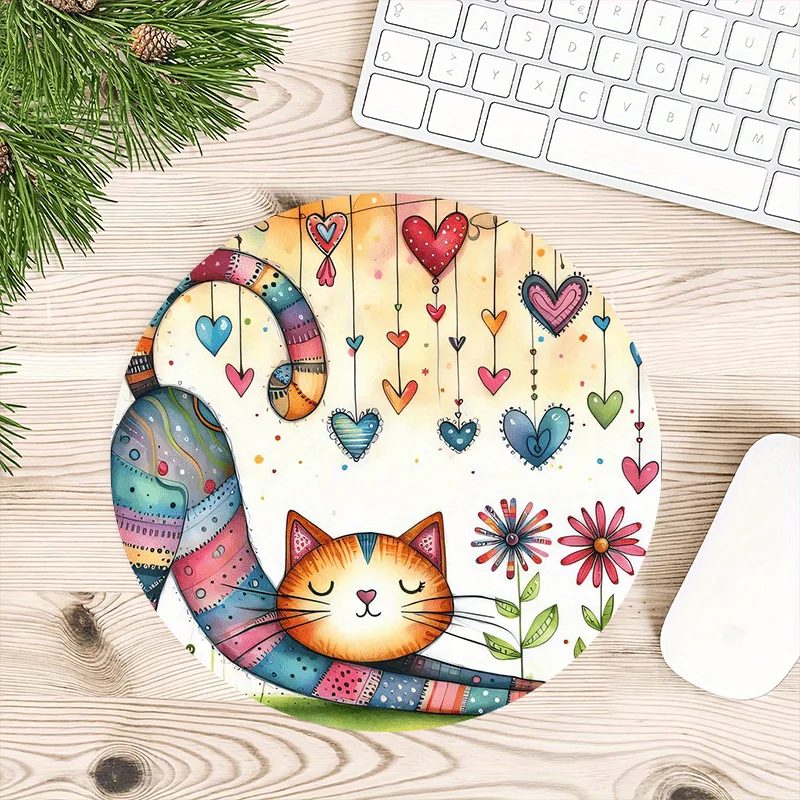 

Colorful Cat with Hearts Round Mouse Pad Non-Slip Rubber Small Desk Mat Office Home Gaming Nonslip Mousepad Rug Desk Gadgets