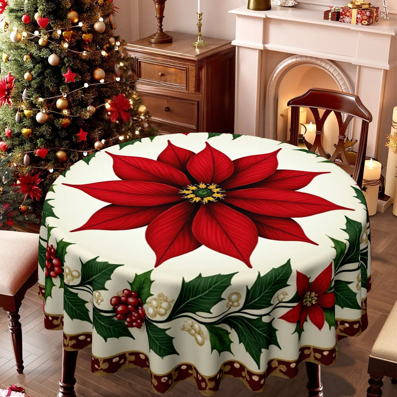Christmas is designed for round tablecloths with Christmas flowers and daisies, perfect for home kitchens