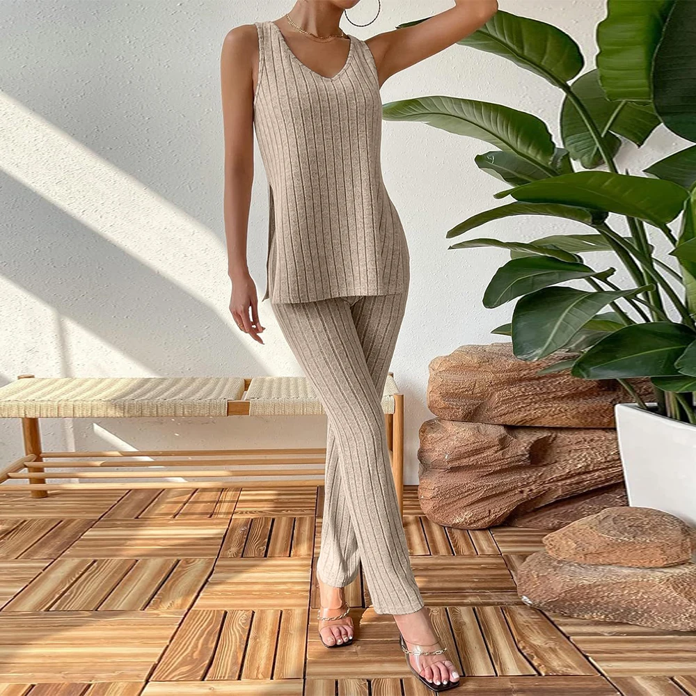 Two Pieces of Knitted Casual Ladies Trousers Vest Sets for Women Clothing 2024 Spring Summer Wide Leg Pants Tops Fashion Outfit