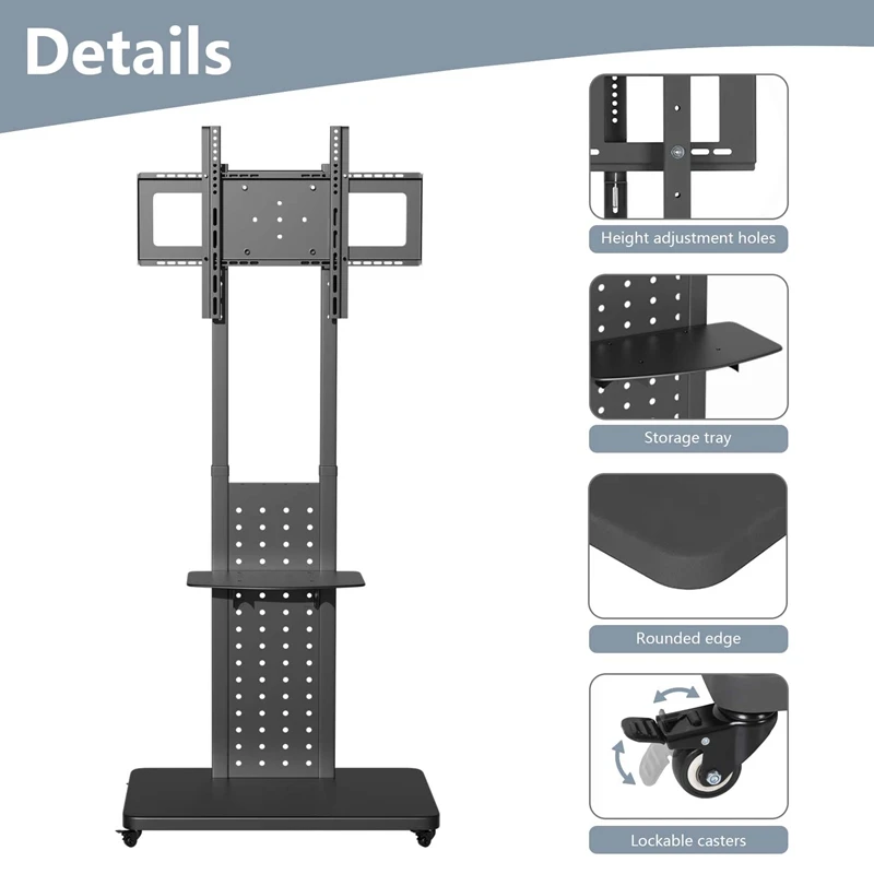 ローリングTVフロアスタンド32-65インチ、垂直、水平トロリー、棚付きマウント