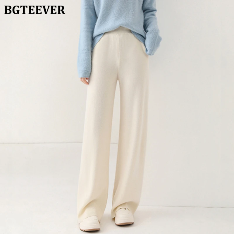 

BGTEEVER Elegant High Waist Female Pockets Knitted Straight Trousers Autumn Winter Casual Loose Women Wide Leg Sweater Pants