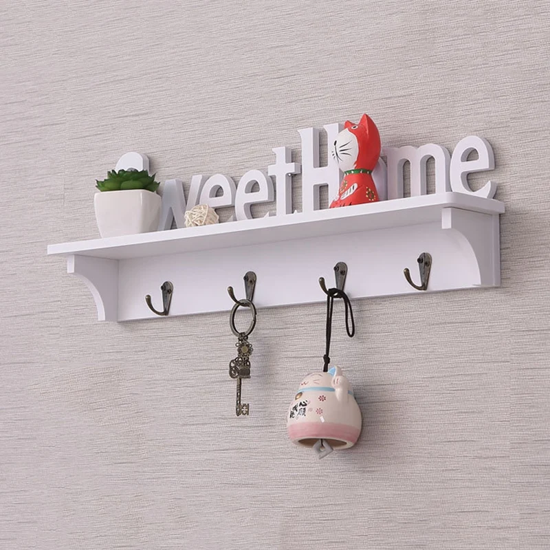 1Pc 4 Hooks Shelves Hat Key Holders Sweet Home Words Storage Shelf Hanging Hooks Wall Mounted Rack Home Storage Holder