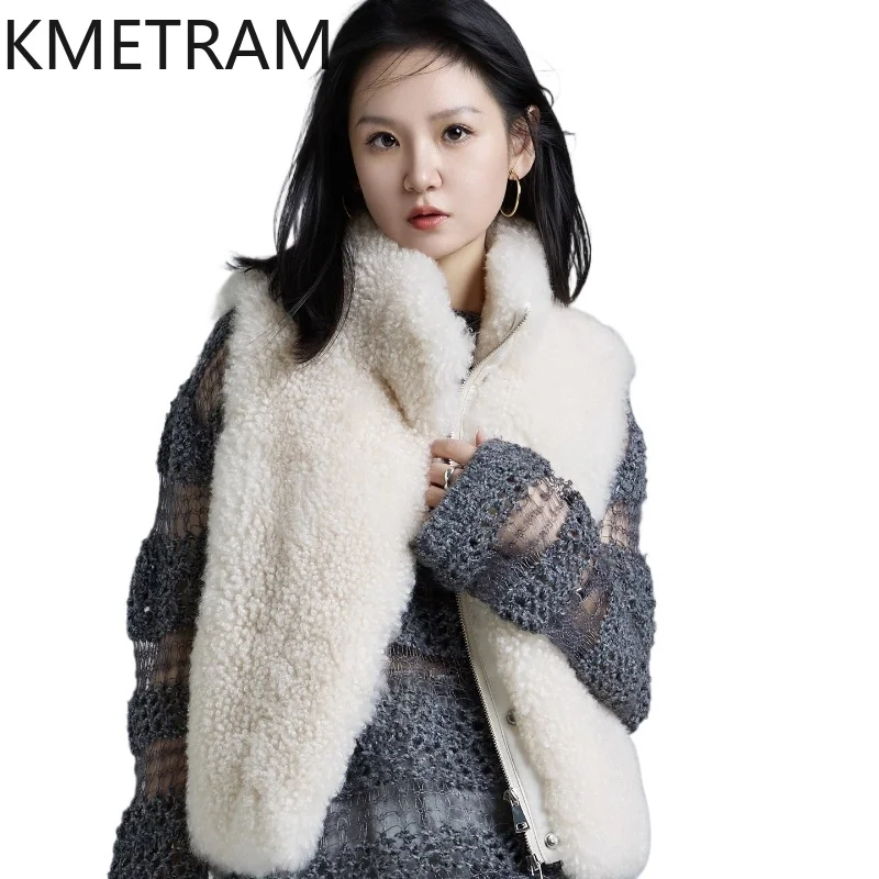 

KMETRAM 100% Natural Cashmere Sheepskin with Wool Atttached Fur Vest Beige Short New Clothing 2025 Winter Women vestes femmes