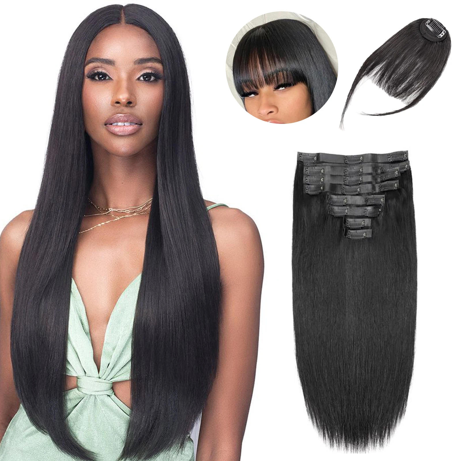 40インチストレートクリップ式人毛エクステ ナチュラルカラー ブラジリアン 100%レミー人毛 140g 10個/セット 女性用フルヘッド