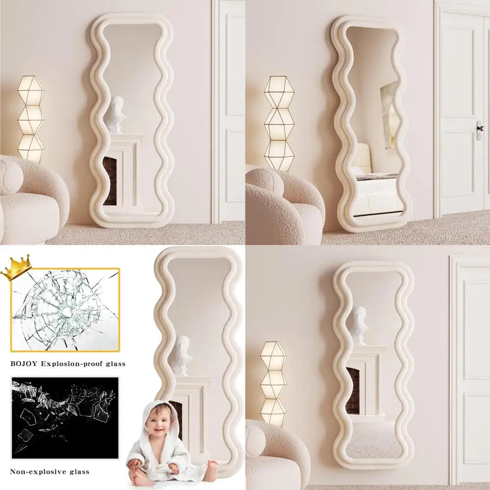 BOJOY Ganzkörperspiegel 63 x 24, unregelmäßig gewellt, zum Aufhängen oder Anlehnen an der Wand für Schlafzimmer, mit Flanell umwickeltes Holz