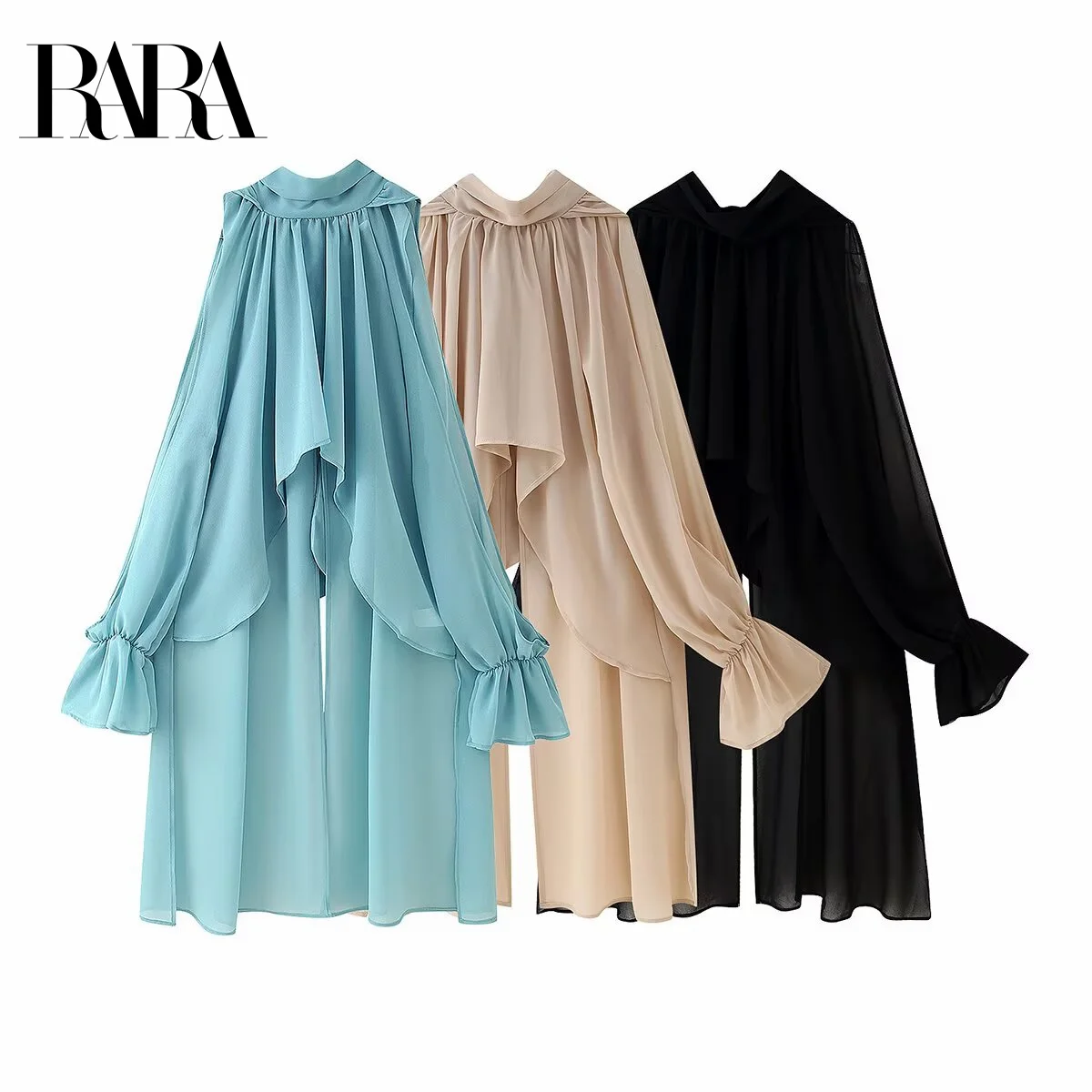 

RARA Women's Summer New Front Short Back Long Design Hot Sexy Half Turtleneck Off Shoulder Sleeve Chiffon Shirt Top Niche Design