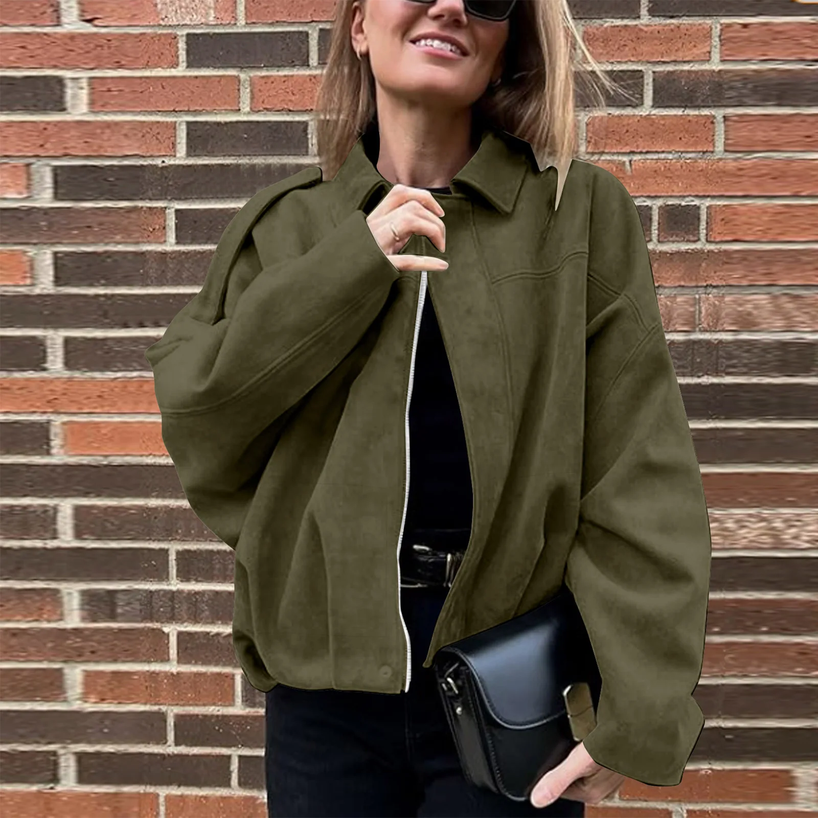 

Women's Army Elegant Bomber Jackets Coats Fashion Turn-down Collar Long Sleeve Loose Coats Vintage Female Outerwear Chic Tops