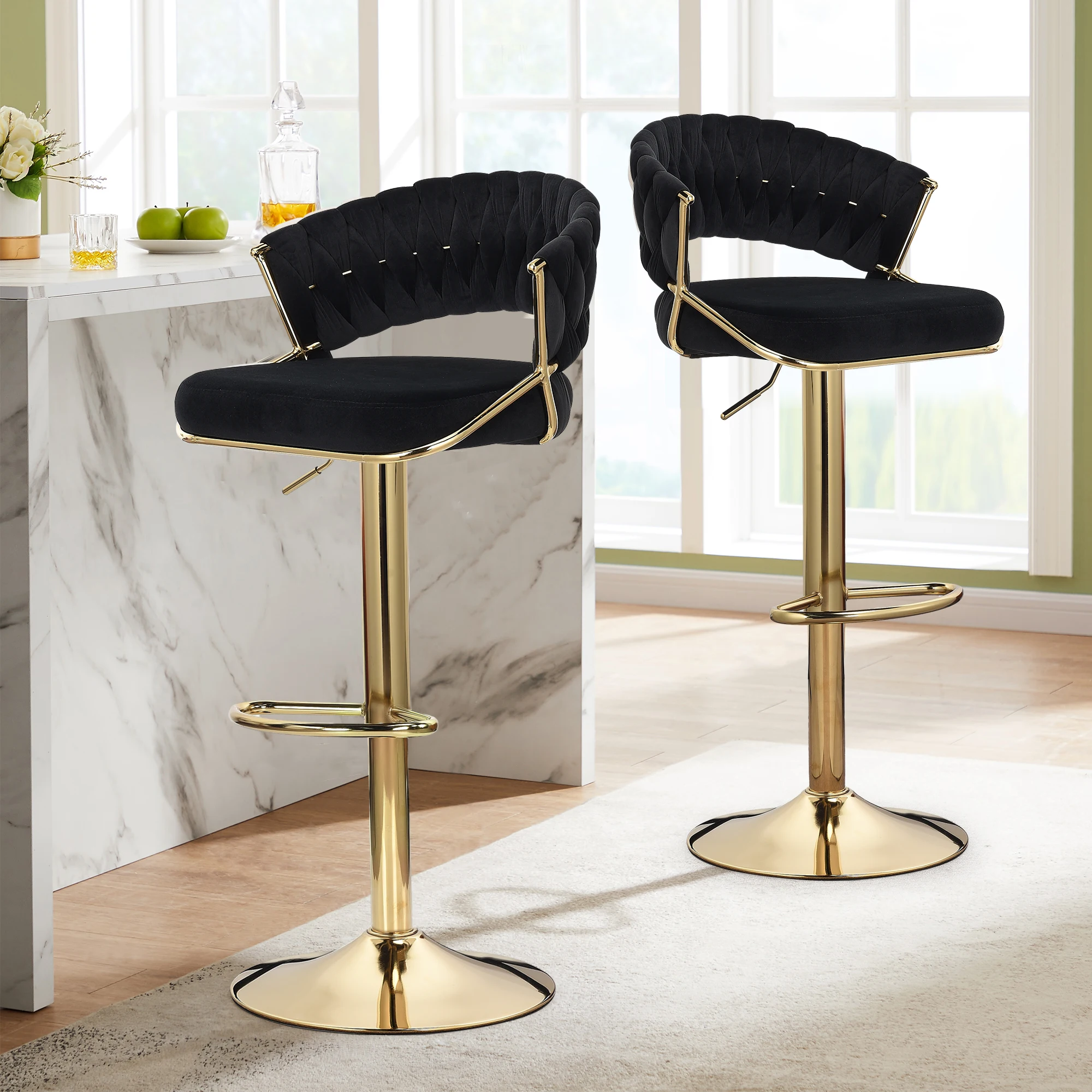 Gold Swivel Bar Chairs Set of 2 White Counter Height Woven Swivel Bar Stools with Backrests Adjustable Height Kitchen Stools for