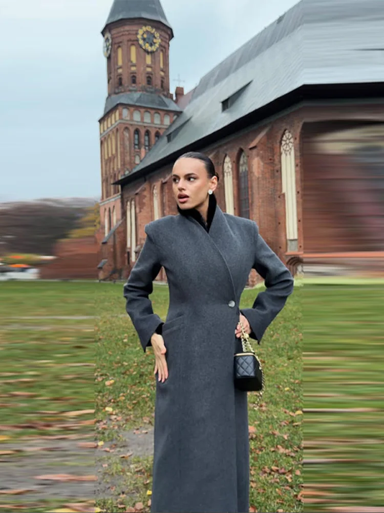 أنيقة زر معطف طويل المرأة الصلبة ضئيلة كم كامل الوقوف طوق جيوب عدم التماثل معاطف الإناث أزياء الربيع أبلى