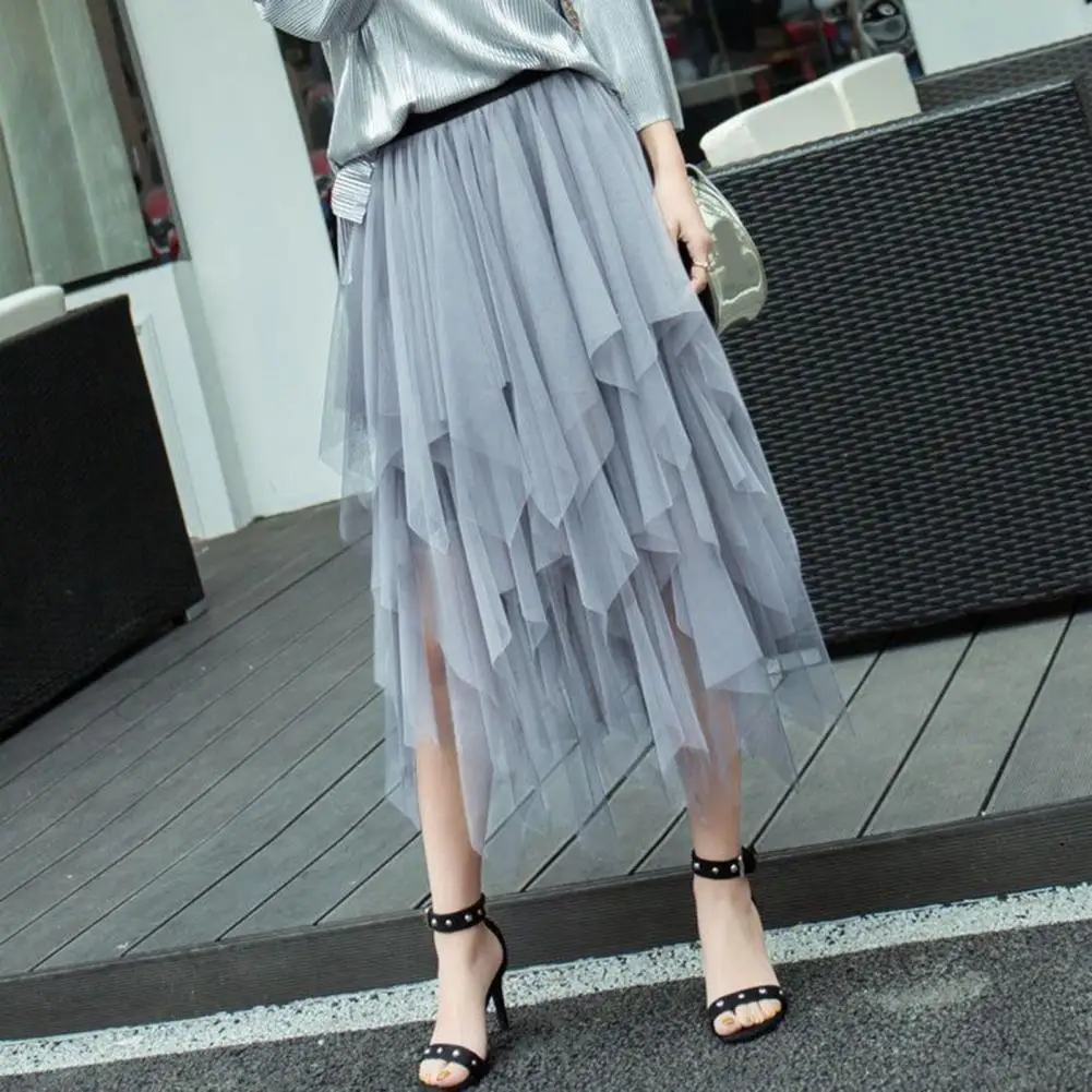 

Women Tulle Skirt Elegant Women's Tulle Skirt with High Waist Irregular Mesh Hem Tiered Mesh Yarn Long Skirt for Streetwear Chic