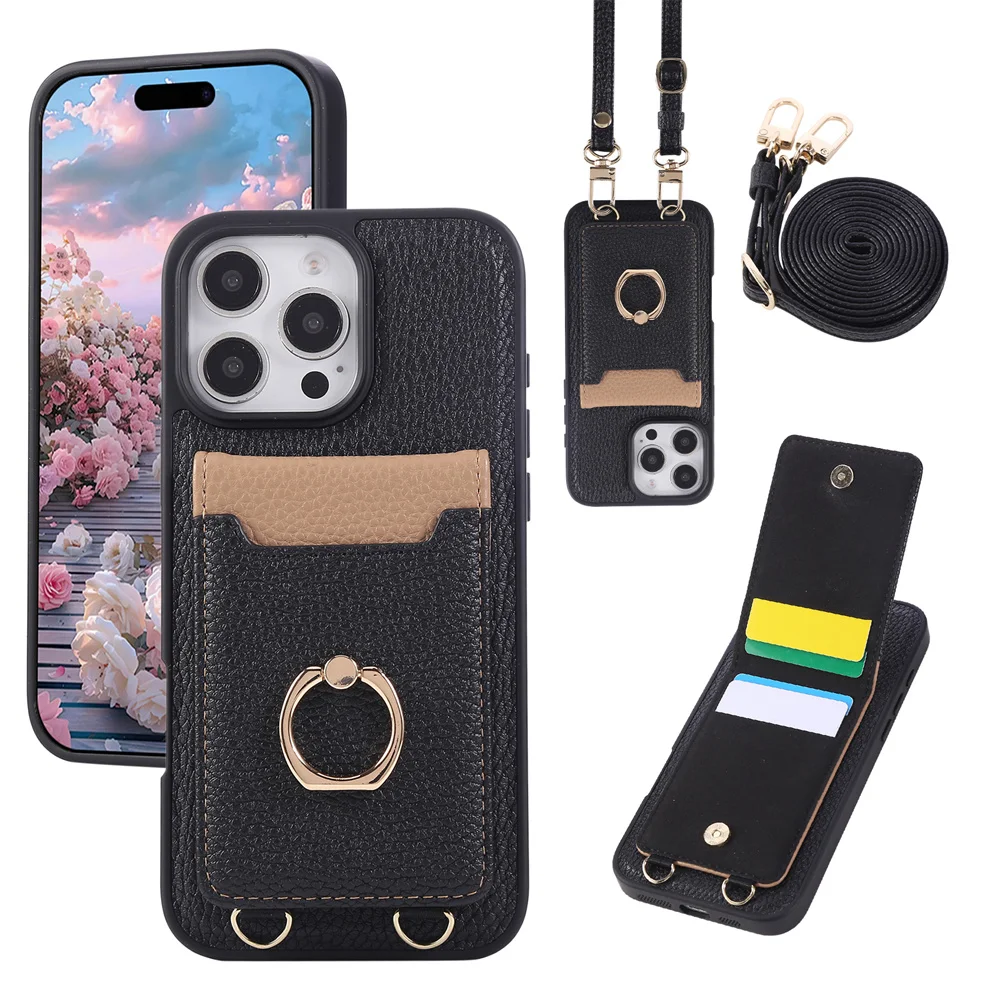

Crossbody Wallet with Card Holder Phone Case for IPhone 16E 16 15 Plus 14 13 12 11 Pro Max Ring Bracket Leather Protective Cover