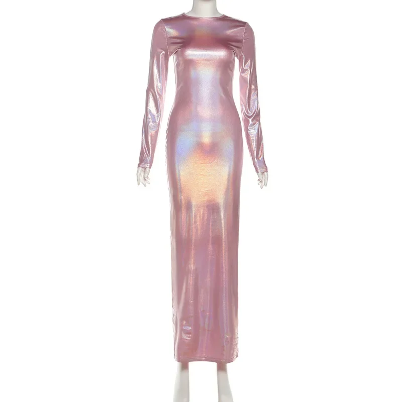 Femmes Sexy paillettes réfléchissant moulante Robe Maxi col rond manches longues mince nuit Clubwear fête d'anniversaire longue Robe Banquet tenues
