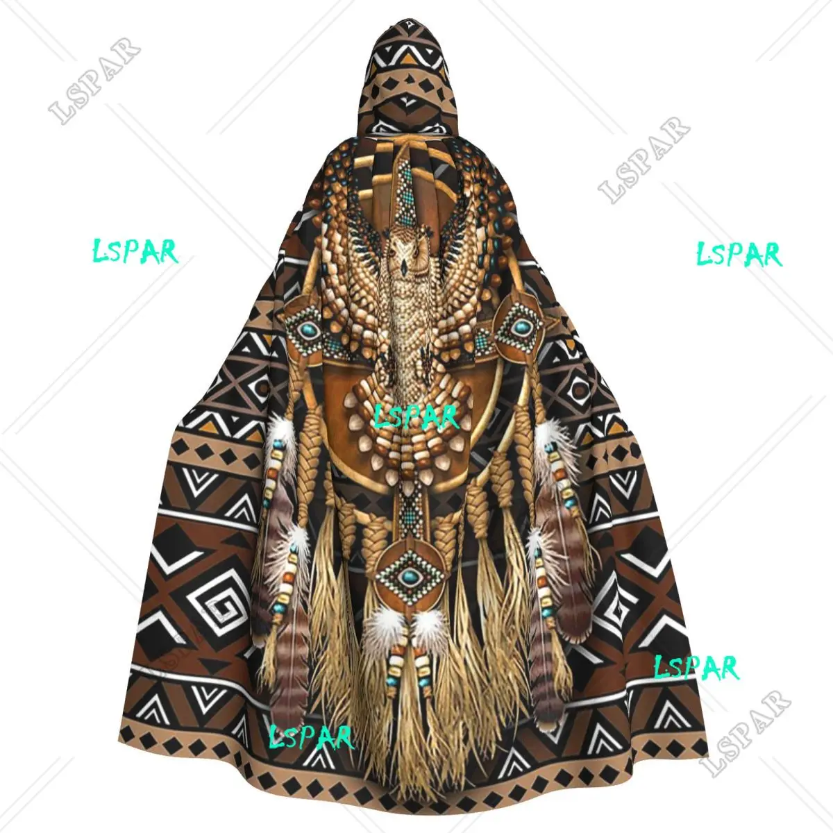 Mandala Owl Long Hooded Cloak Witch Medieval Costume Cosplay Cape HalloweenCoat Adult Unisex