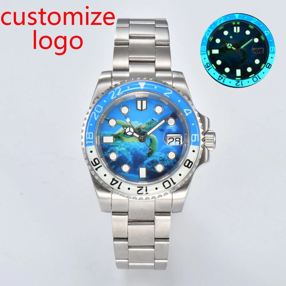 Reloj Automático NH35 de 40mm con movimiento automático japonés NH35, esfera con cabeza de calavera de tortuga marina, bisel totalmente luminoso, logotipo personalizado