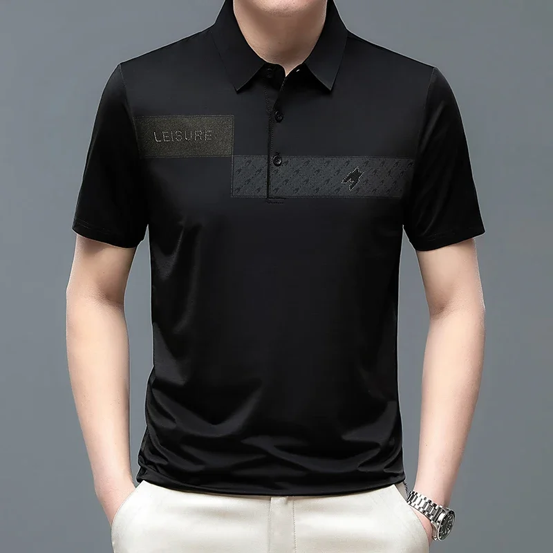 BROWON Brand Fashion Men T Shirt 2026 Summer Breath Regular Fit Tops Male Letter Print  Short Sleeve Turn-Down Collar T-Shirt