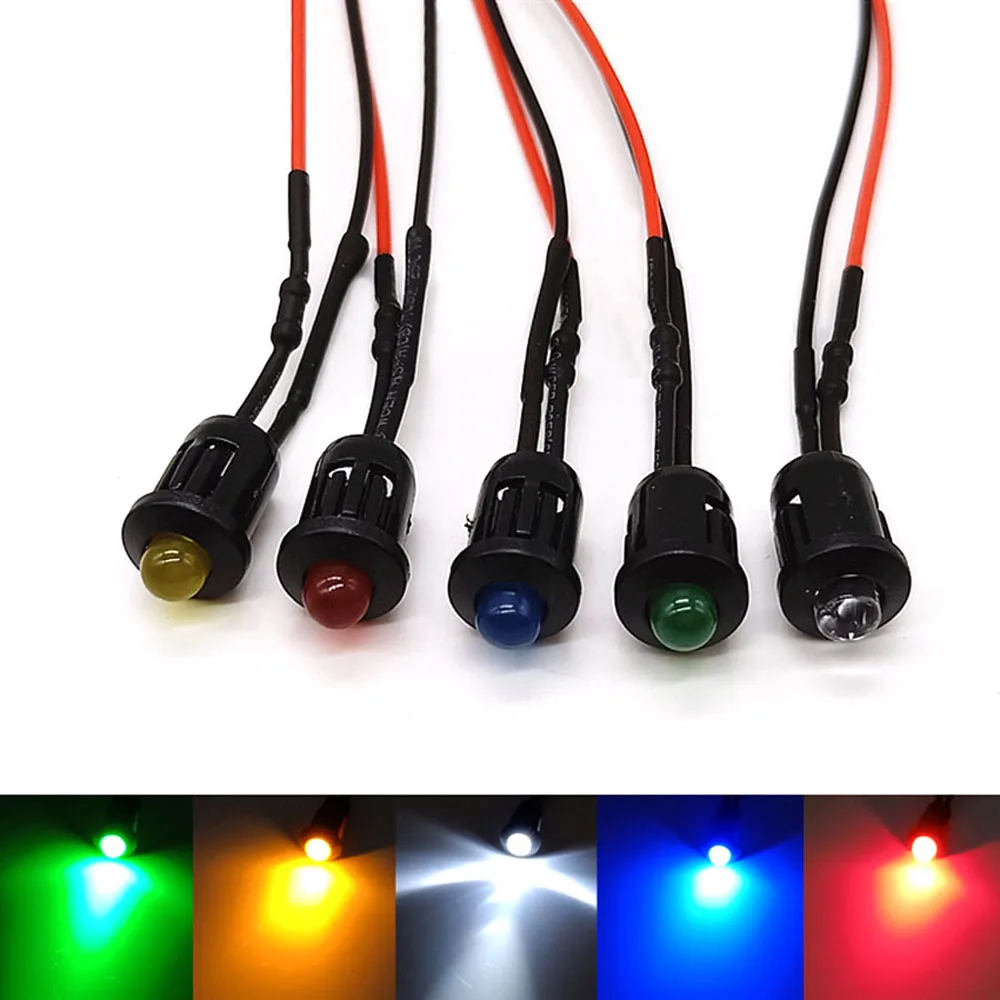 Bombillas LED precableadas para aficionados, 5 piezas, 3mm, diodos emisores, soportes negros, 3V, 5V, 6V, 9V, 12V, 24V, 36V, 48V, 110V, 220V