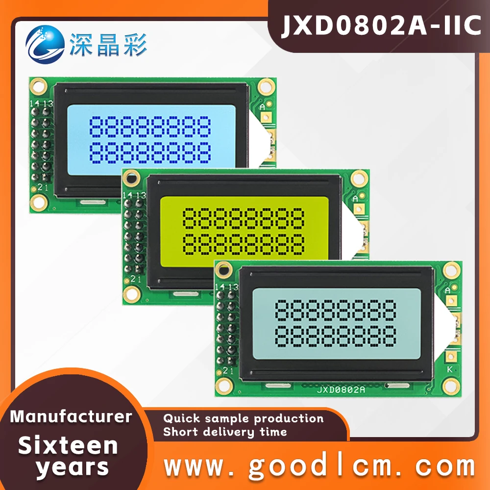 

IIC/I2C interface Available in multiple colors LCD screen JXD0802A 8*2 character small sized display screen Backlight module