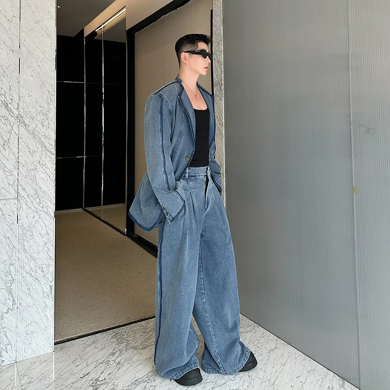 Men Denim Outfit Autumn Winter Two Piece Jacket Pants Suit Collar Patchwork Design Loose Straight Casual Jeans Washed Distressed