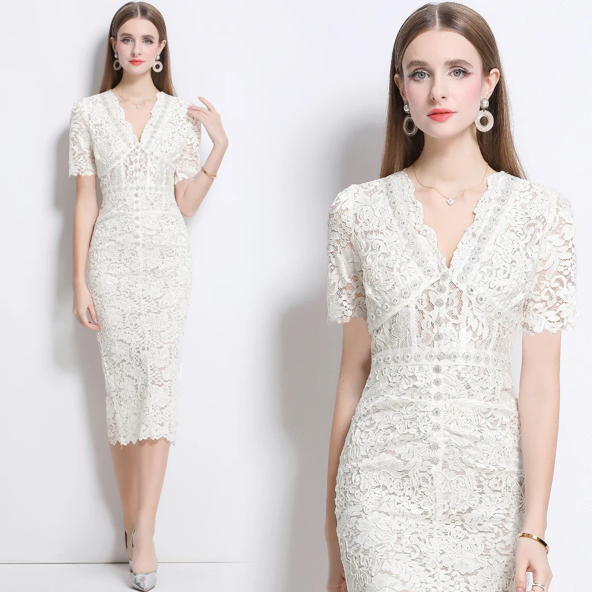 หรูหราคริสตัลลูกไม้ชุดราตรีผู้หญิงลูกปัดแขนสั้นฤดูร้อนดินสอยาวชุดสีขาว Midi Vestidos อย่างเป็นทางการโอกาส