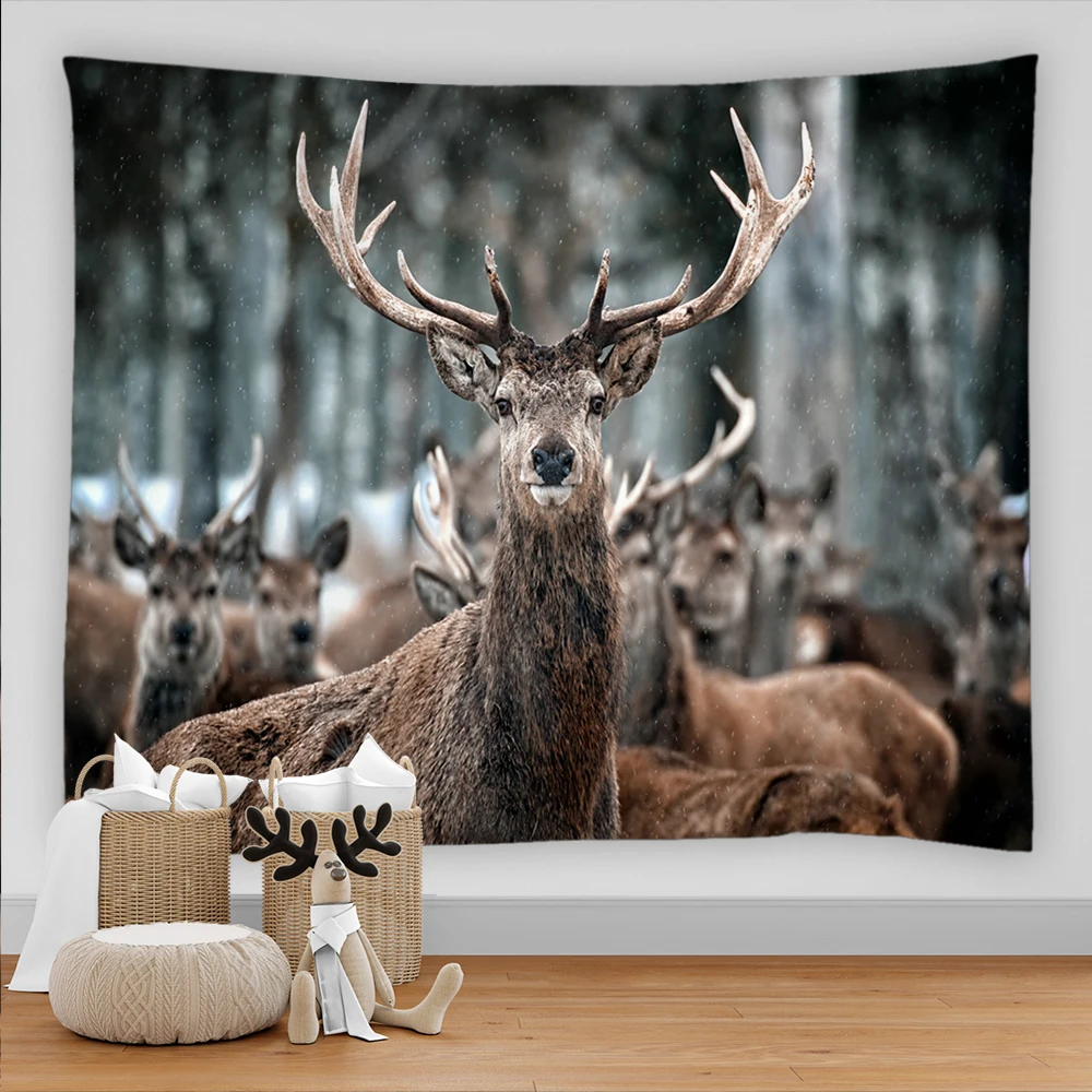 Elk Tapestry Wall Hanging Psychedelic Forest Wild Animals Theme Reindeer Deer Pattern Landscape Home Decorations Hanging Curtain