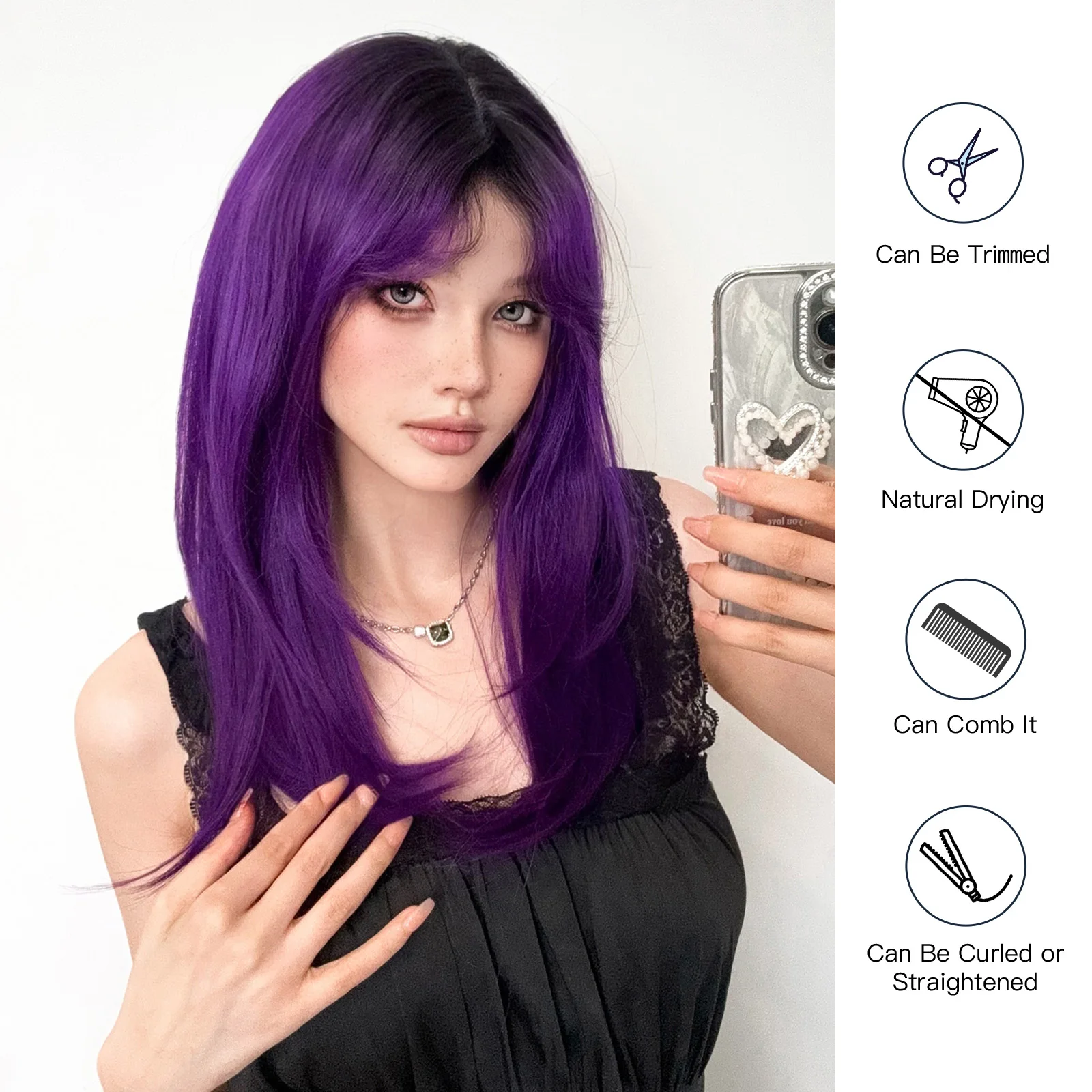 Long Straight Black Purple Ombre Synthetic Wigs for Women Natural Hair Wig With Bangs Heat Resistant Wig Cosplay Party Daily Use