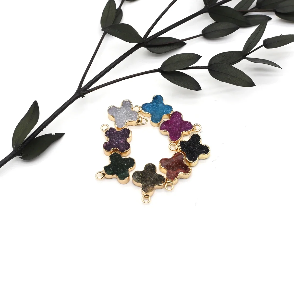 Reiki Healing Natural Stone Four Leaf Clover Shape Crystal Druzy Pendant Jewelry Making DIY Necklace Earrings Accessories