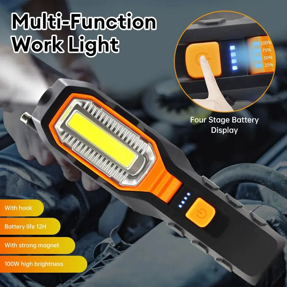 Strong LED COB Work Light Handheld Floodlight USB Rechargeable Portable Camping Repair Emergency Flashlight with Magnet Hook